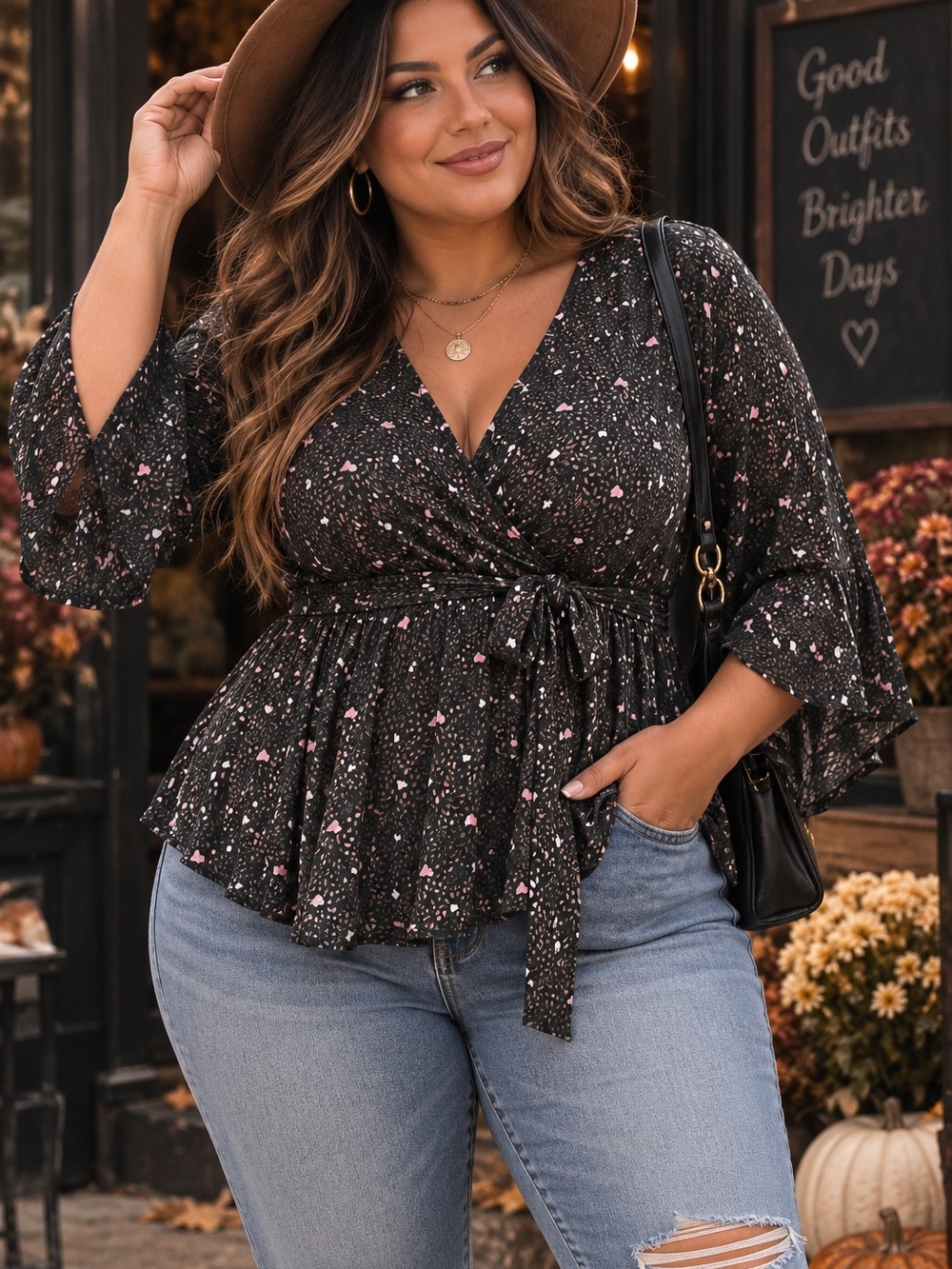 Torrid Brown Tie-Waist Peplum Blouse with Pink And White Heart Accents